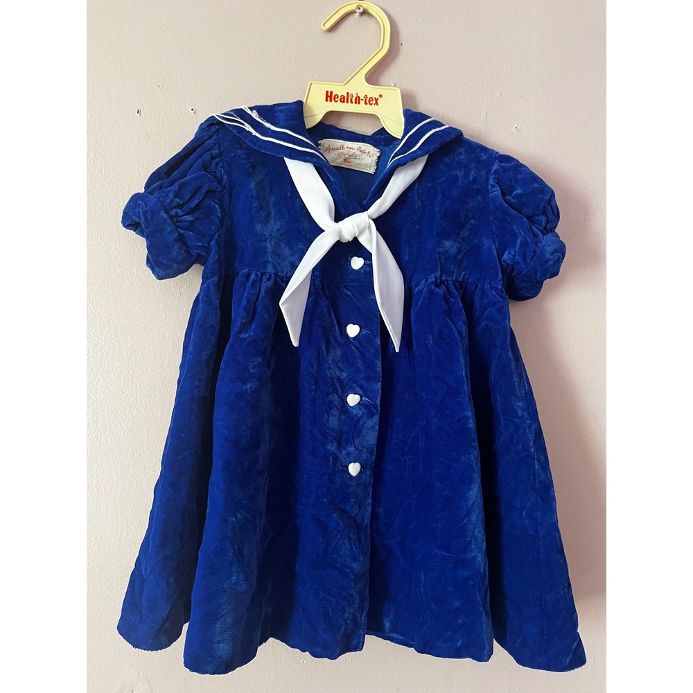 Handmade Vintage Royal Blue Velvet Sailor Dress Heart Buttons Nautical  2T rare